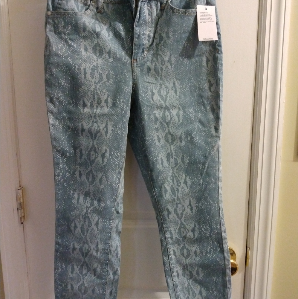 Jennifer Lopez high rise skinny crop Lycra jeans blue snake sz 6